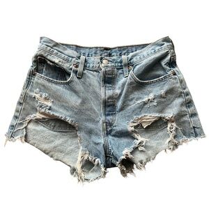 Levi’s distressed 501 mini light wash denim jean shorts